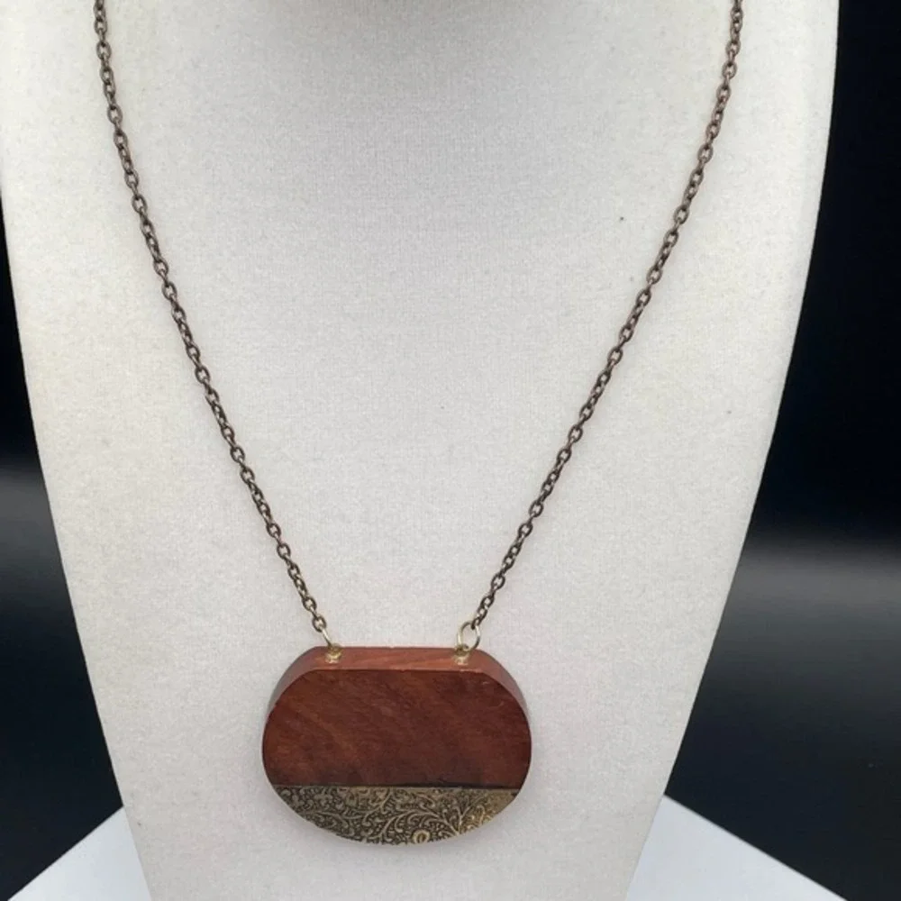 Vintage Brown Wood Round Pendant Necklace Boho Statement‎ Chain